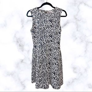 Black and White Rose Floral Fit and Flare Dress